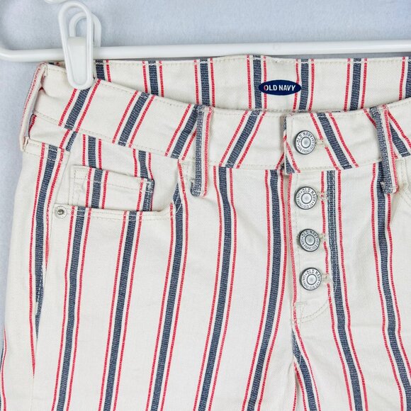 Old Navy Women's Striped Cream Navy Red Rolled Hem Button-Fly Shorts Size 2 NWT - Picture 3 of 9